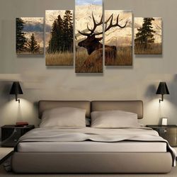 elk in the woods animal 5 pieces canvas wall art, large framed 5 panel canvas wall art