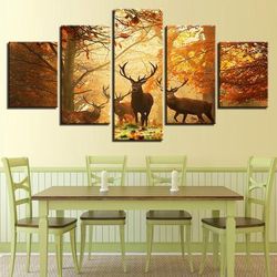 family deer forest animal 5 pieces canvas wall art, large framed 5 panel canvas wall art