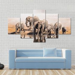 family of african elephants animal 5 pieces canvas wall art, large framed 5 panel canvas wall art