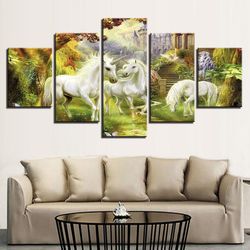 fantasy abstract unicorn and fairy birds abstract animal 5 pieces canvas wall art, large framed 5 panel canvas wall art