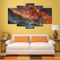 fantasy running red horse animal 5 pieces canvas wall art, large framed 5 panel canvas wall art