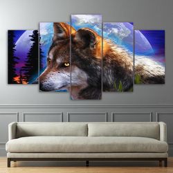 fantasy wolf moon night animal 5 pieces canvas wall art, large framed 5 panel canvas wall art