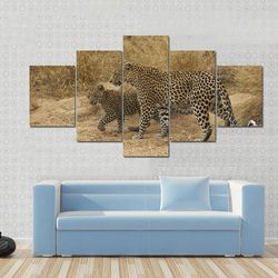 female leopard and cub walking animal 5 pieces canvas wall art, large framed 5 panel canvas wall art