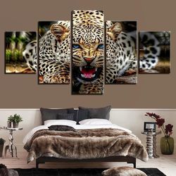 ferocious leopard animal 5 pieces canvas wall art, large framed 5 panel canvas wall art