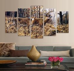 forest animal deer landscape animal 5 pieces canvas wall art, large framed 5 panel canvas wall art