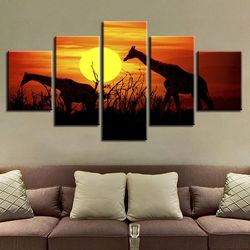 giraffe sunset animal 5 pieces canvas wall art, large framed 5 panel canvas wall art