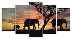 group of elephants in africa elephant animal 5 pieces canvas wall art, large framed 5 panel canvas wall art