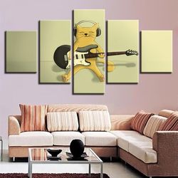 guitar cat cartoon abstract animal 5 pieces canvas wall art, large framed 5 panel canvas wall art