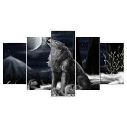 howling wolf moon night animal 5 pieces canvas wall art, large framed 5 panel canvas wall art
