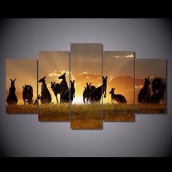 kangaroos sunset animal 5 pieces canvas wall art, large framed 5 panel canvas wall art