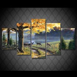 landscape animal and tree animal 5 pieces canvas wall art, large framed 5 panel canvas wall art