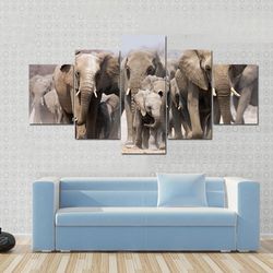 large herd of elephants animal 5 pieces canvas wall art, large framed 5 panel canvas wall art