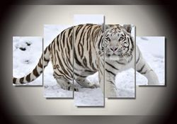 large white tiger in snow animal 5 pieces canvas wall art, large framed 5 panel canvas wall art