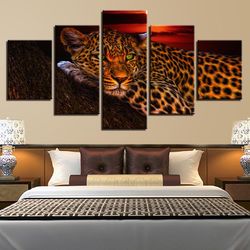 leopard sunset animal 5 pieces canvas wall art, large framed 5 panel canvas wall art