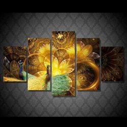 peacock couple canvas home decor golden abstract peacock animal 5 pieces canvas wall art, large framed 5 panel canvas wa