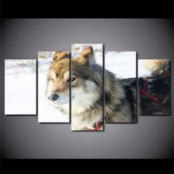 snowfield animal wolf dog or bedroom animal 5 pieces canvas wall art, large framed 5 panel canvas wall art