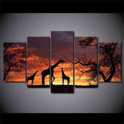 sunset giraffes giraffe animal 5 pieces canvas wall art, large framed 5 panel canvas wall art