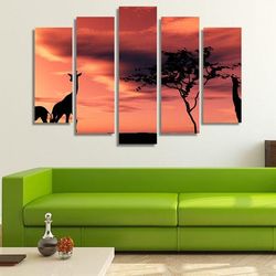 african sunset with giraffes animal 5 pieces canvas wall art, large framed 5 panel canvas wall art