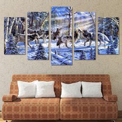 timber wolf in snow wolf pack animal 5 pieces canvas wall art, large framed 5 panel canvas wall art