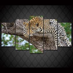 tree african leopard animal 5 pieces canvas wall art, large framed 5 panel canvas wall art
