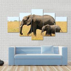 walking african elephants 1 animal 5 pieces canvas wall art, large framed 5 panel canvas wall art