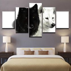 white wolf black wolf animal 5 pieces canvas wall art, large framed 5 panel canvas wall art