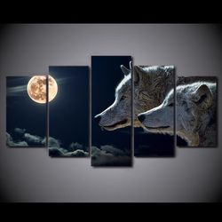 white wolf moon at full moon wolves animal 5 pieces canvas wall art, large framed 5 panel canvas wall art