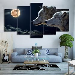 white wolf moon night animal 5 pieces canvas wall art, large framed 5 panel canvas wall art