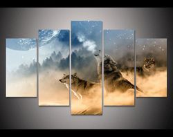 wolf in full moon animal 5 pieces canvas wall art, large framed 5 panel canvas wall art