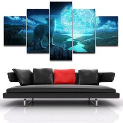 wolf moon animal 5 pieces canvas wall art, large framed 5 panel canvas wall art