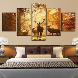 woods deer animal 5 pieces canvas wall art, large framed 5 panel canvas wall art