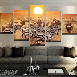 zebra sunset animal 5 pieces canvas wall art, large framed 5 panel canvas wall art