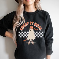 creep it real halloween sweatshirt, retro halloween sweatshirt, skateboard halloween sweater, halloween crewneck, vintag