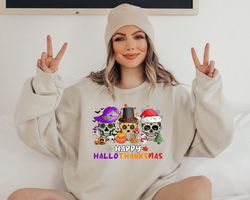 happy hallothankmas sugar skull sweatshirt, sugar skull christmas shirt, autumn women shirts, thanksgiving pumpkin shirt