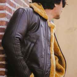 premium shearling fur leather jacket-brown