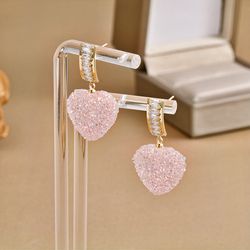 handmade 18k gold plated 925 sterling silver heart cz rock candy style dangle earrings, valentines dazzling cubic zircon