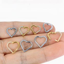 handmade 18k gold plated 925 sterling silver cubic zirconia heart shaped singular earring, cartilage piercing, nose ring