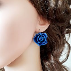 blue rose leather earrings for her, leather jewelry, 3rd anniversary gift for wife,art 9