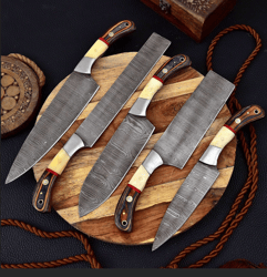 handmade damascus chef set of 5pcs with leather cover,personalised gift,kitchen knives set,anniversary gift,birthday gif