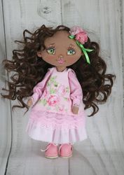 black rag doll 9.8in handmade textile doll mulatto doll cute doll in pink clothes