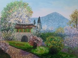 japanese spring landscape oil painting original artwork 12 by 16 blooming cherries japan fuji original handmade painting