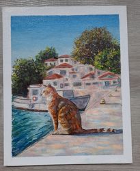 cat waiting for fishermen boats in greece oil painting original artwork 9 by 12 original handmade painting