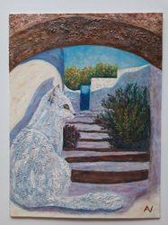 cat in a traditional greek village oil acrylic painting original artwork 12 by 16 original handmade painting