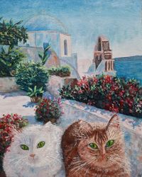 two cats in santorini, greece oil painting original artwork 9 by 12 original handmade painting