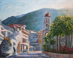 calico cat in the greek street oil painting original artwork 9 by 12 original handmade painting