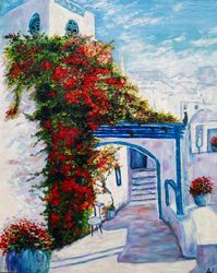 traditional street in greece with red bougainvillea oil painting original artwork 9 by 12 original handmade painting