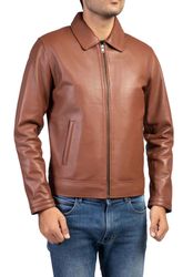men's harrington collar shirt premium leather jacket tan brown