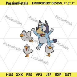 bluey embroidery file, bluey cartoon machine embroidery design, bluey with bird embroidery design digital