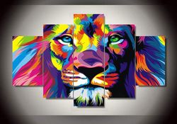 rainbow african lion modern abstract animal 5 pieces canvas wall art, large framed 5 panel canvas wall art