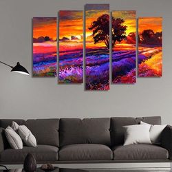 scenery painting of a sunset in the country abstract 5 pieces canvas wall art, large framed 5 panel canvas wall art